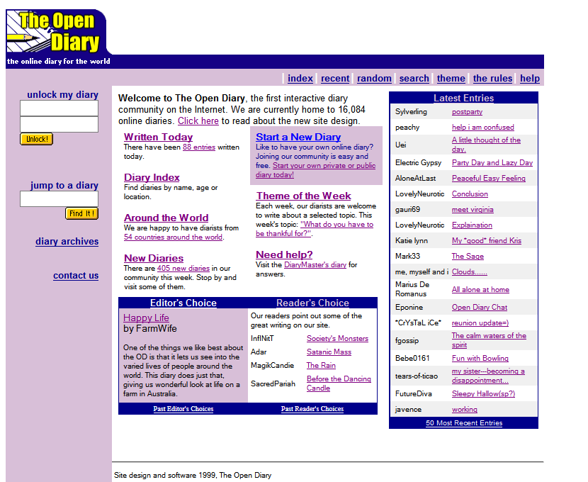 The Open Diary website in 1999 | Web design, Online diary, Design museum, evolution of social networking sites
