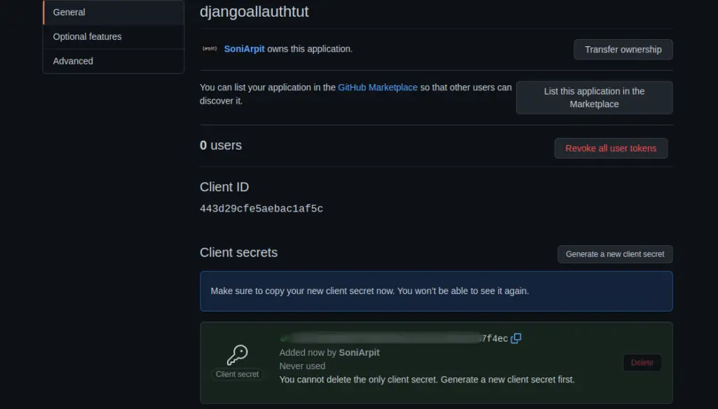 github oauth client secret and client id page, django-allauth github authentication