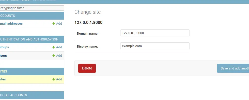 Change site in Django admin, google authentication django-allauth