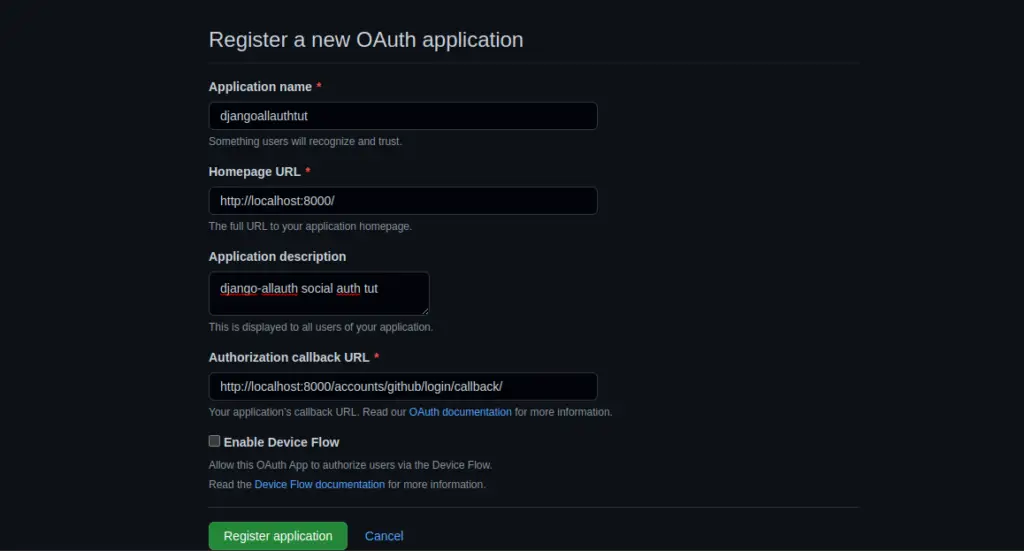 Registering a new OAuth application in GitHub, GitHub Authentication in Django app with django-allauth