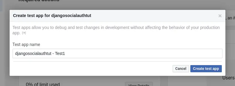 create test app facebook auth django