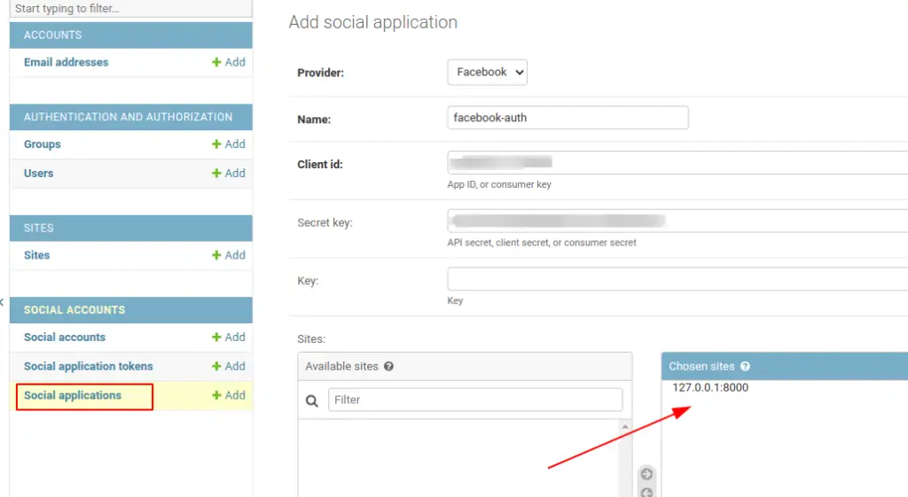 Add facebook in social applications in Django admin