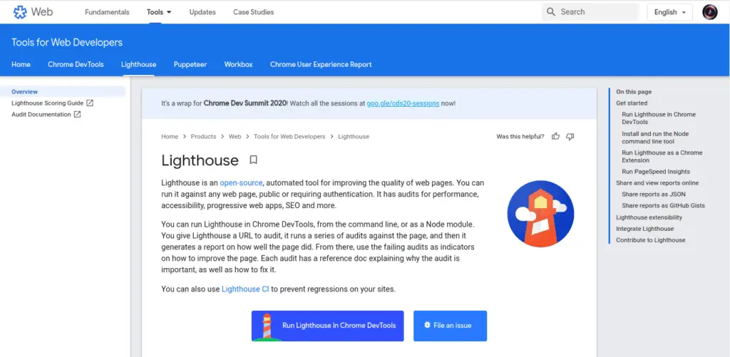 google lighthouse web tool for seo