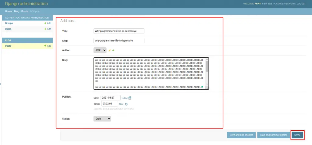 adding post from django admin, post model