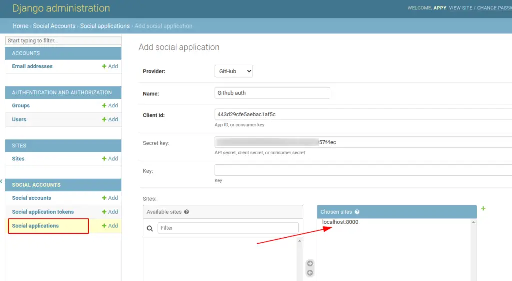 Add GitHub in social applications in Django admin. Github login in django