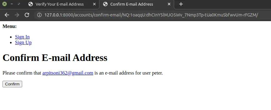 confirm email address