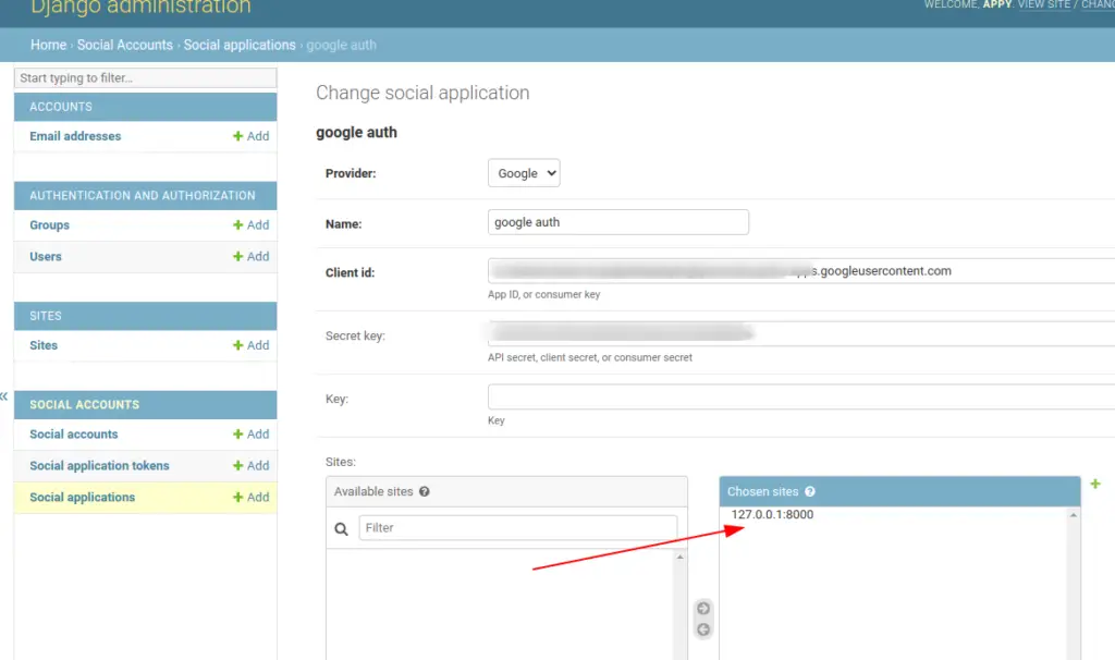 Add Social application Django admin, google auth django-allauth