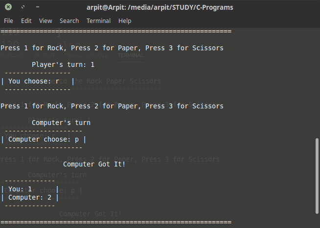 rock paper scissors game in c mini project output